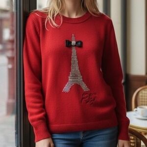 Karl Lagerfeld Paris Red Eiffel Tower Rhinestone Bow Knit Sweater M